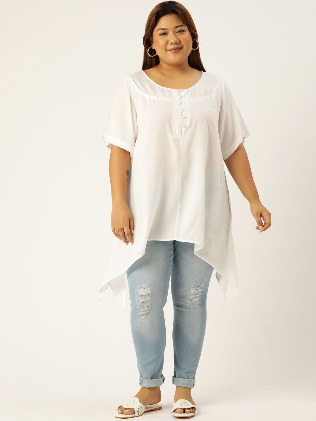 

theRebelinme Women Round Neck Plus Size Regular Longline Top, White
