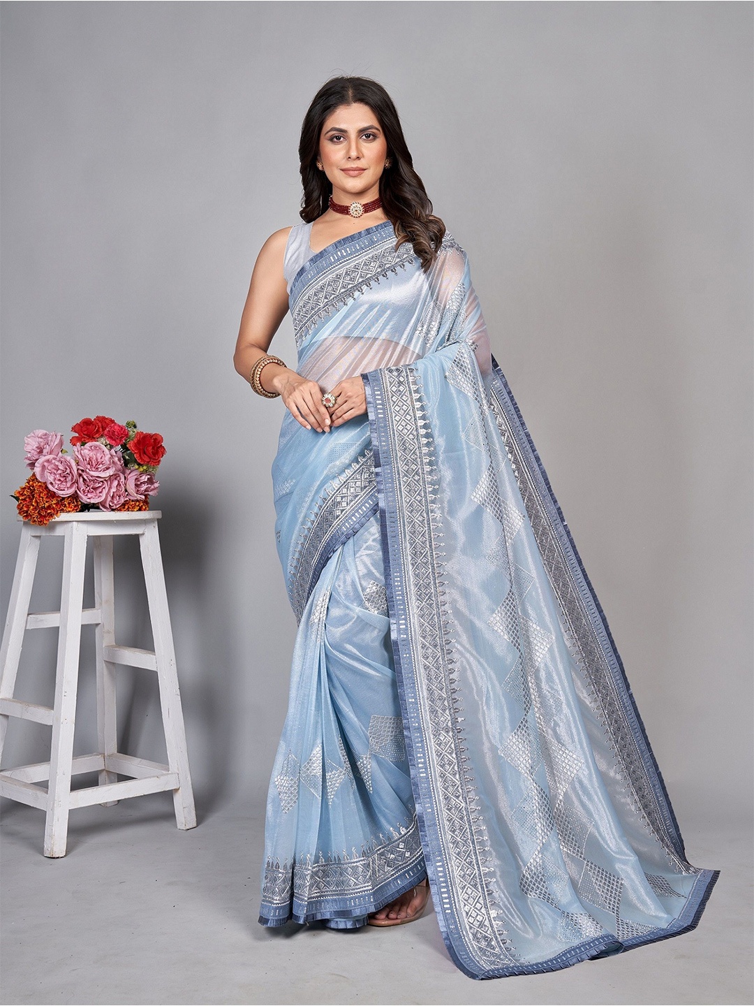 

BARKIYA CREATION Embroidered Net Designer Saree, Blue