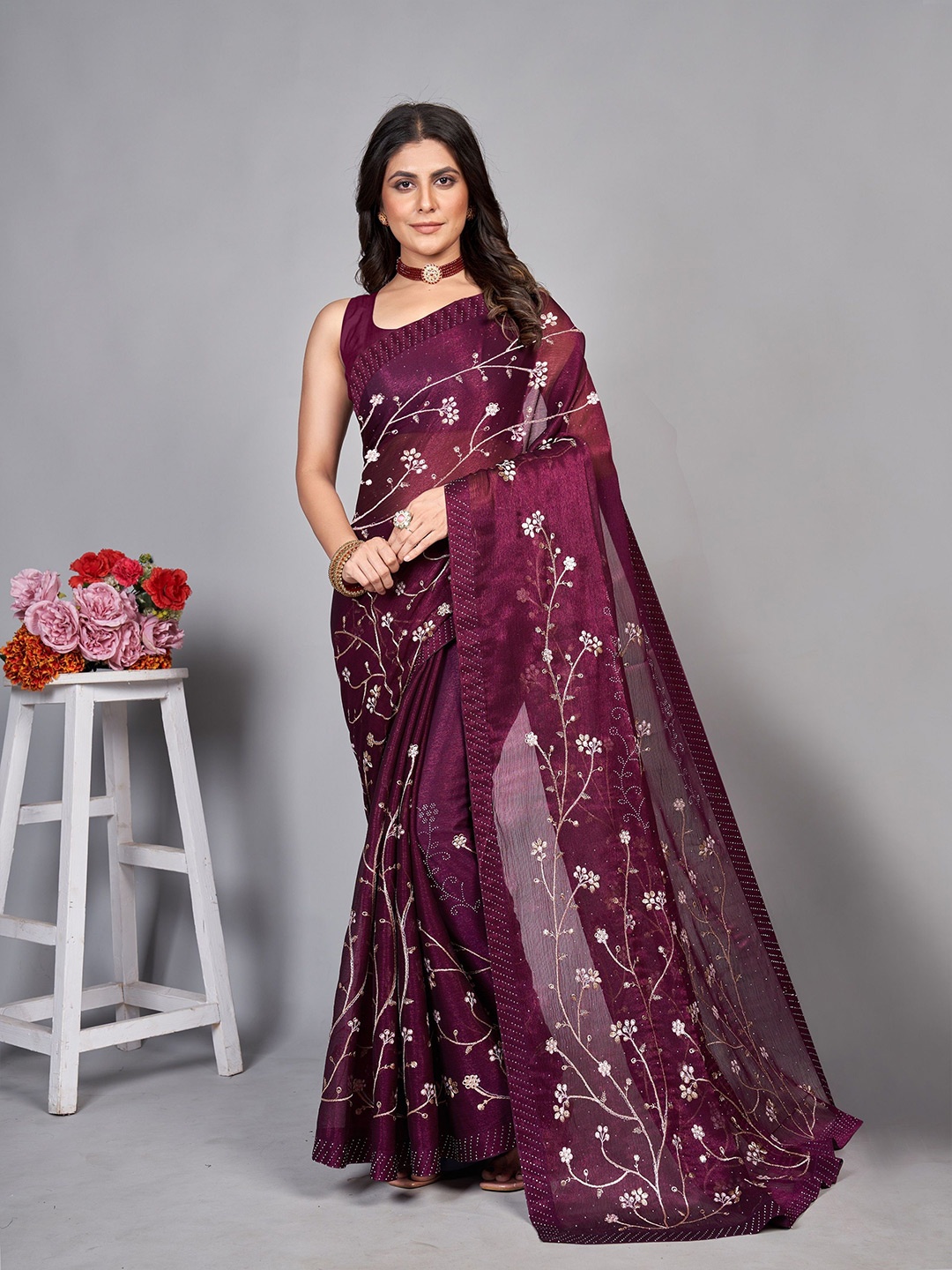 

BARKIYA CREATION Embellished Sequinned Saree, Purple