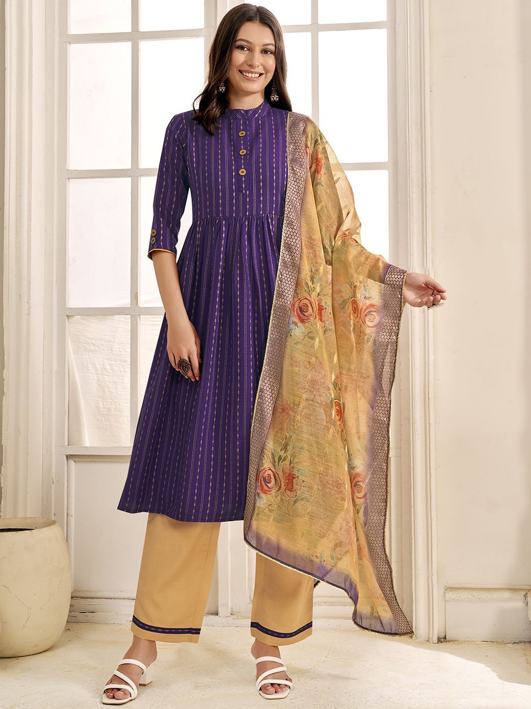

Anouk Purple Striped Mandarin Collar A-Line Kurta With Palazzos & Dupatta