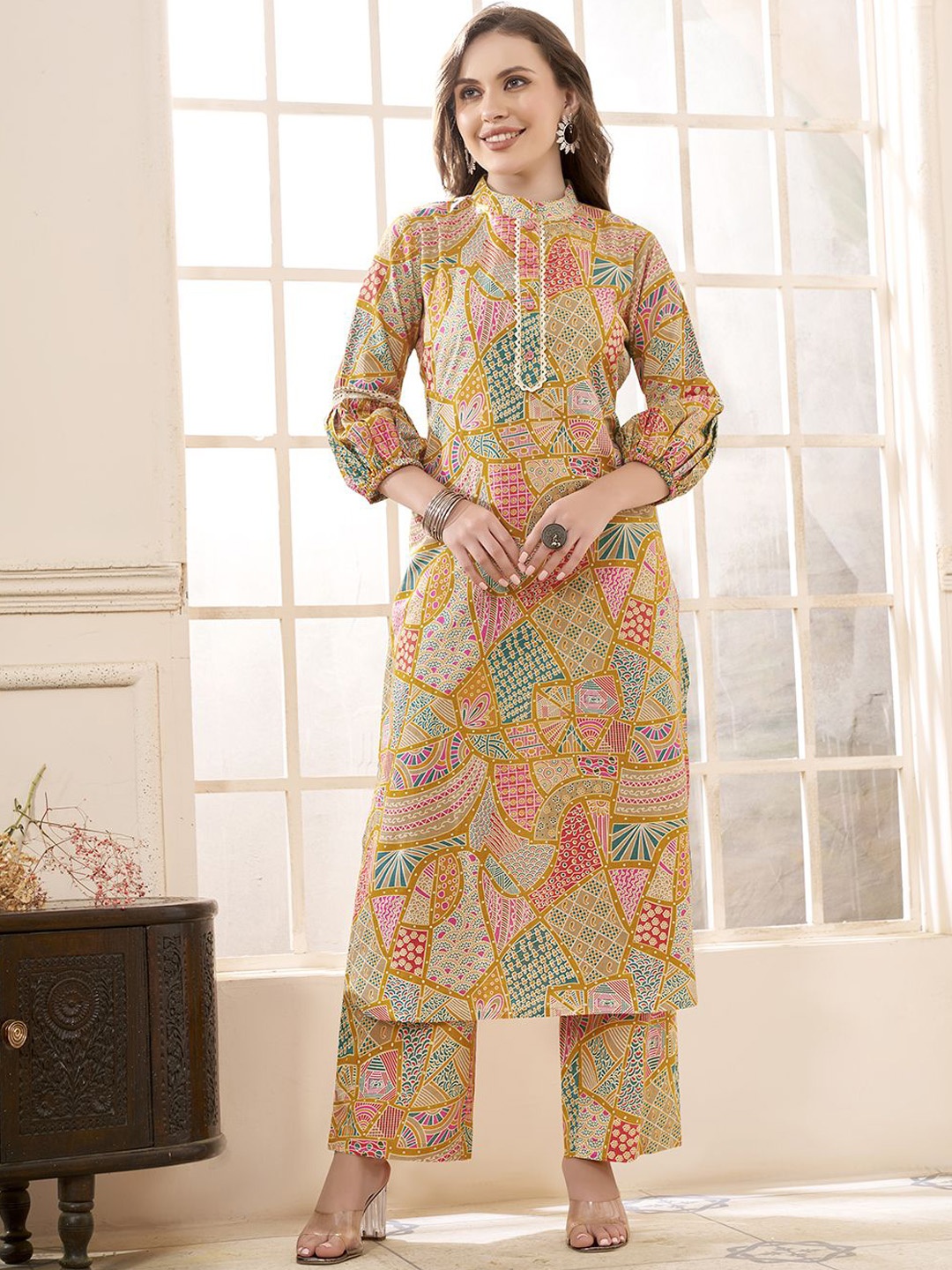 

Anouk Mandarin Collar Printed Pure Cotton Tunic With Trouser, Mustard