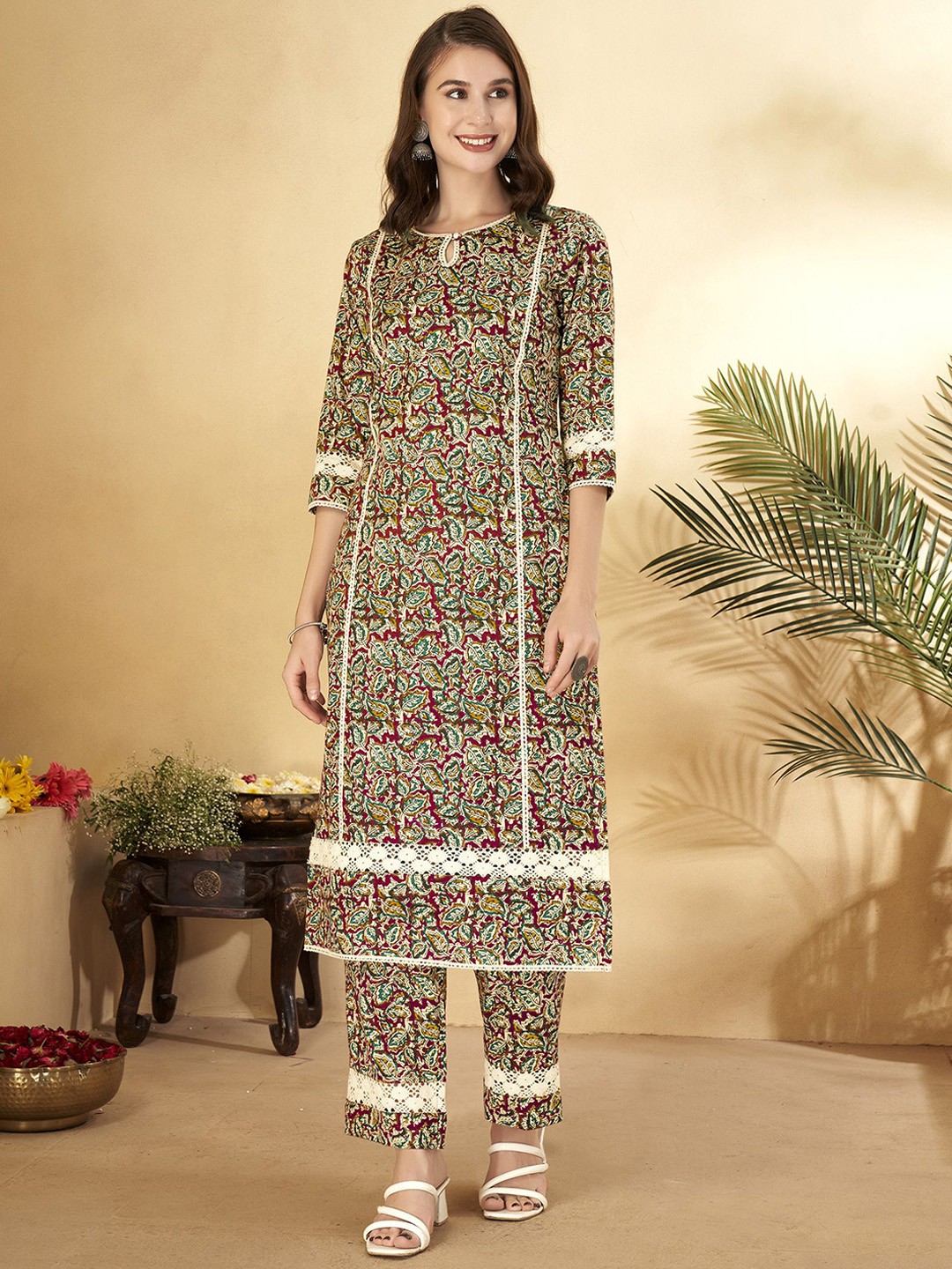 

Anouk Maroon Printed Pure Cotton Tunic & Palazzo
