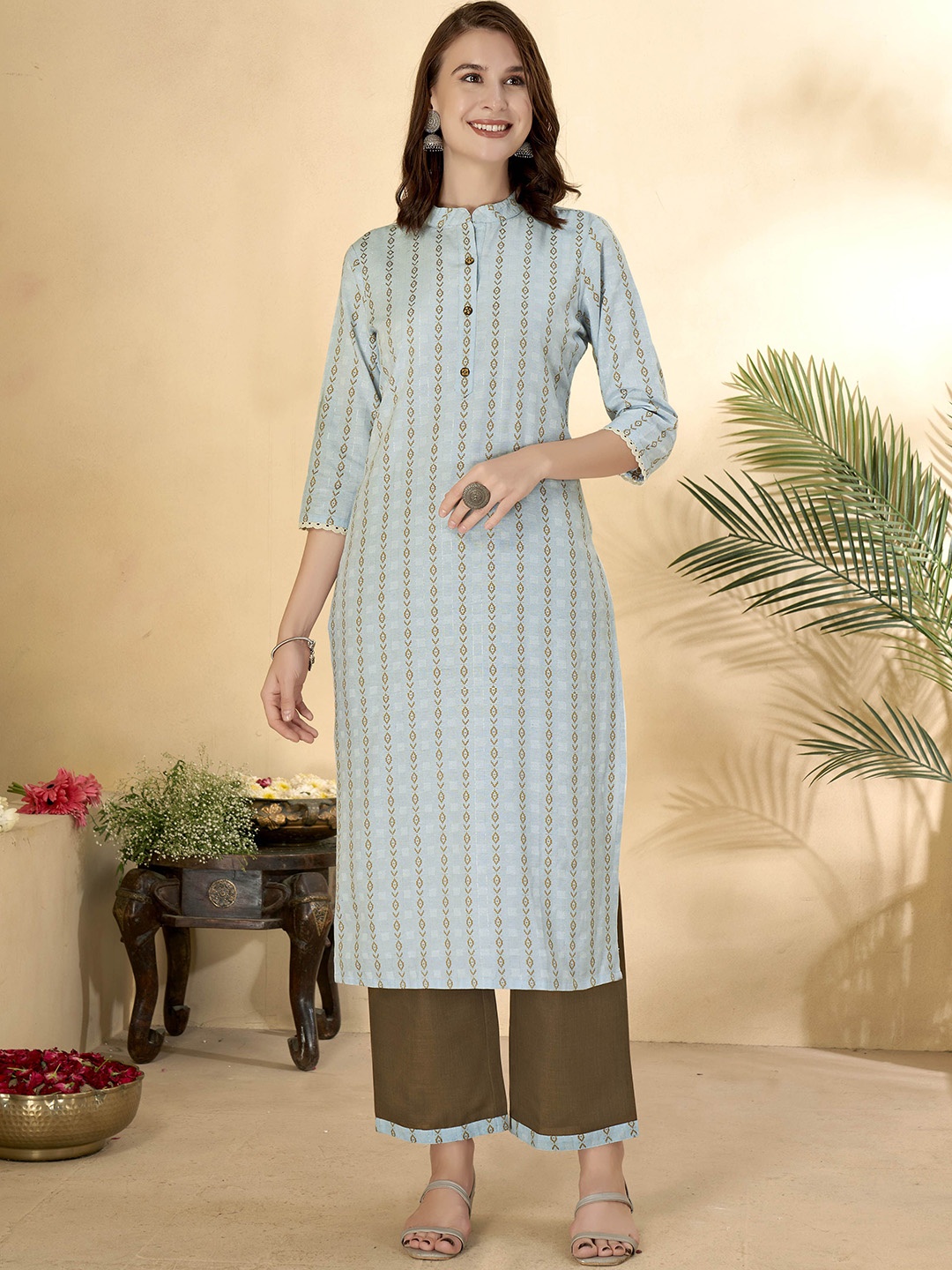 

Anouk Blue Striped Mandarin Collar Straight Kurta With Palazzos