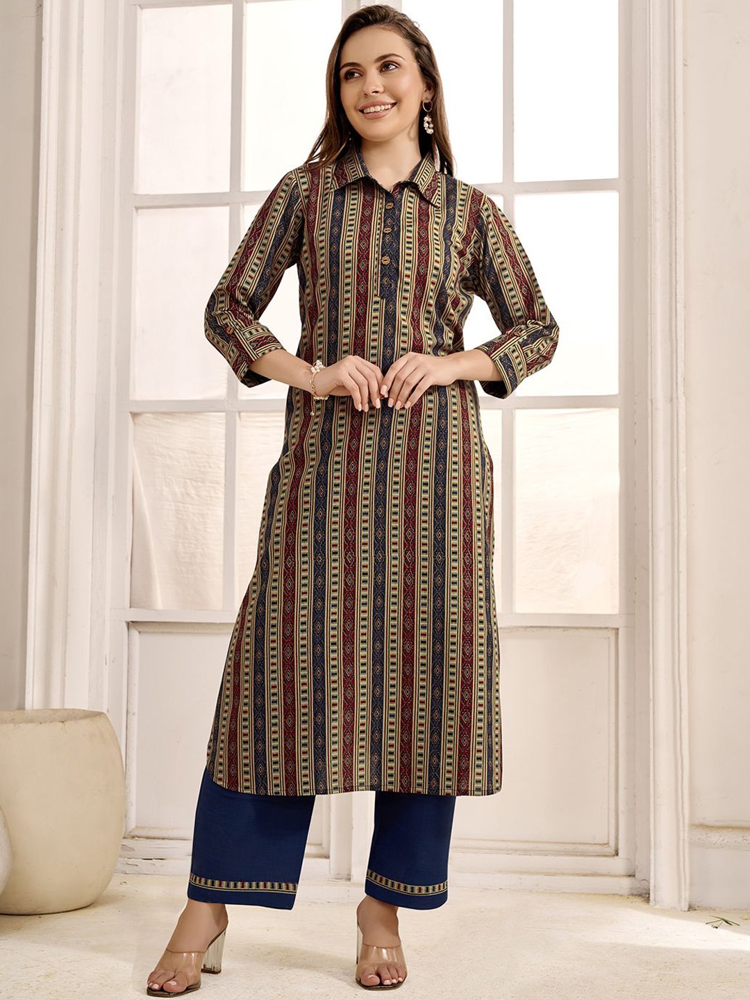 

Anouk Navy Blue Striped Pure Cotton Straight Kurta With Palazzos