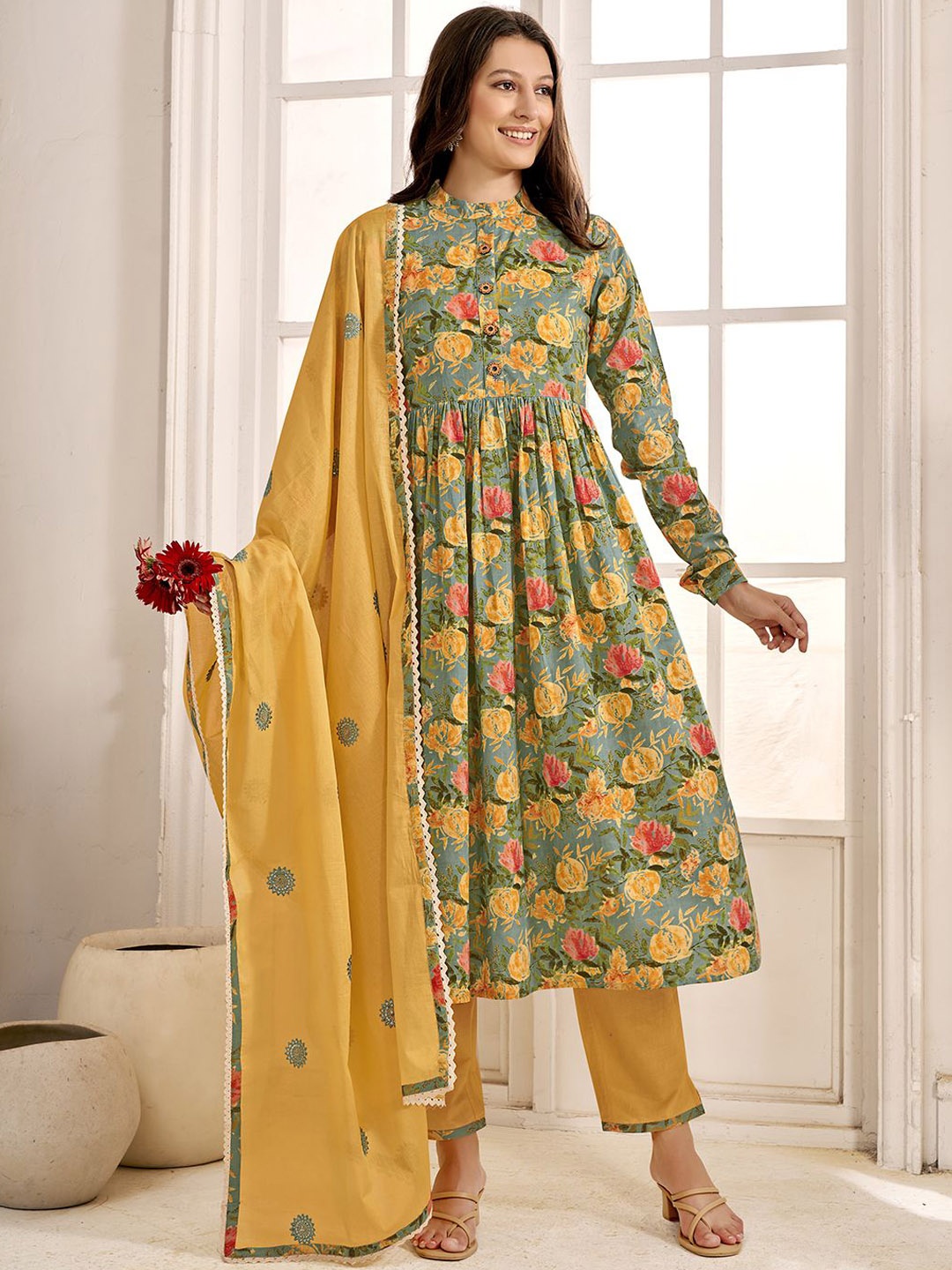 

Anouk Green Floral Printed Pure Cotton Anarkali Kurta With Trousers & Dupatta