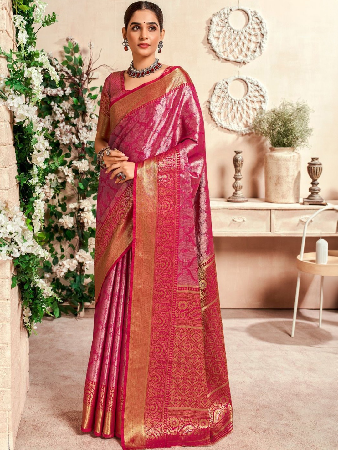 

DEVATITHI Woven Design Zari Pure Silk Weaving Dharmavaram Saree, Pink