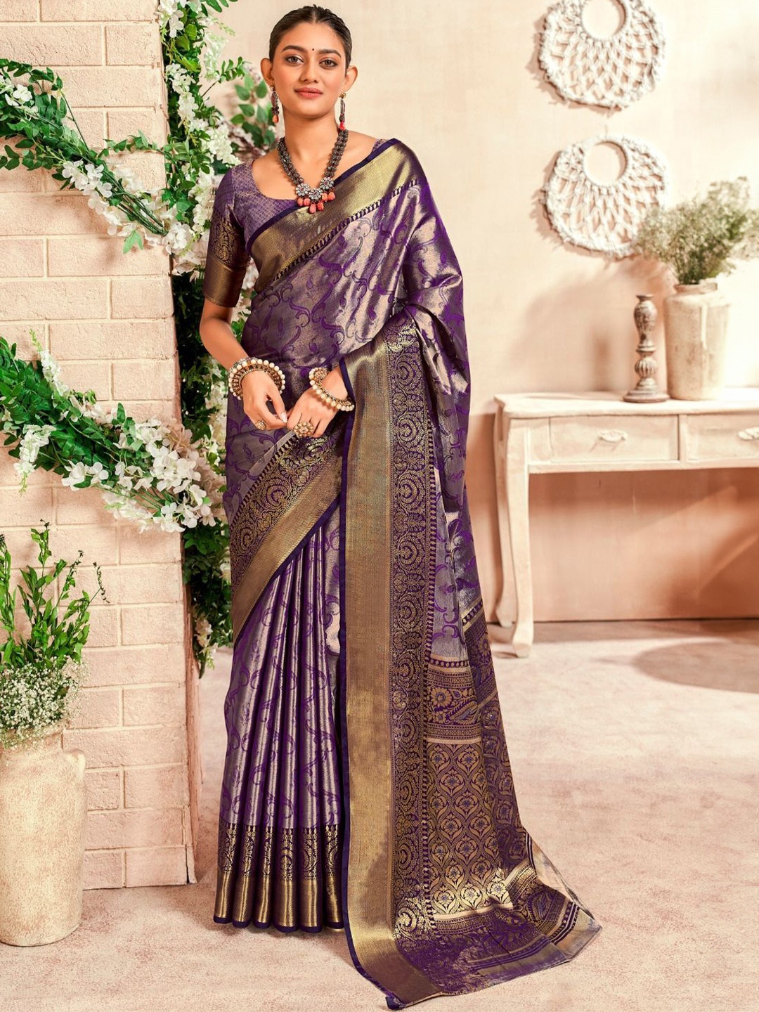 

DEVATITHI Woven Design Zari Pure Silk Dharmavaram Saree, Blue