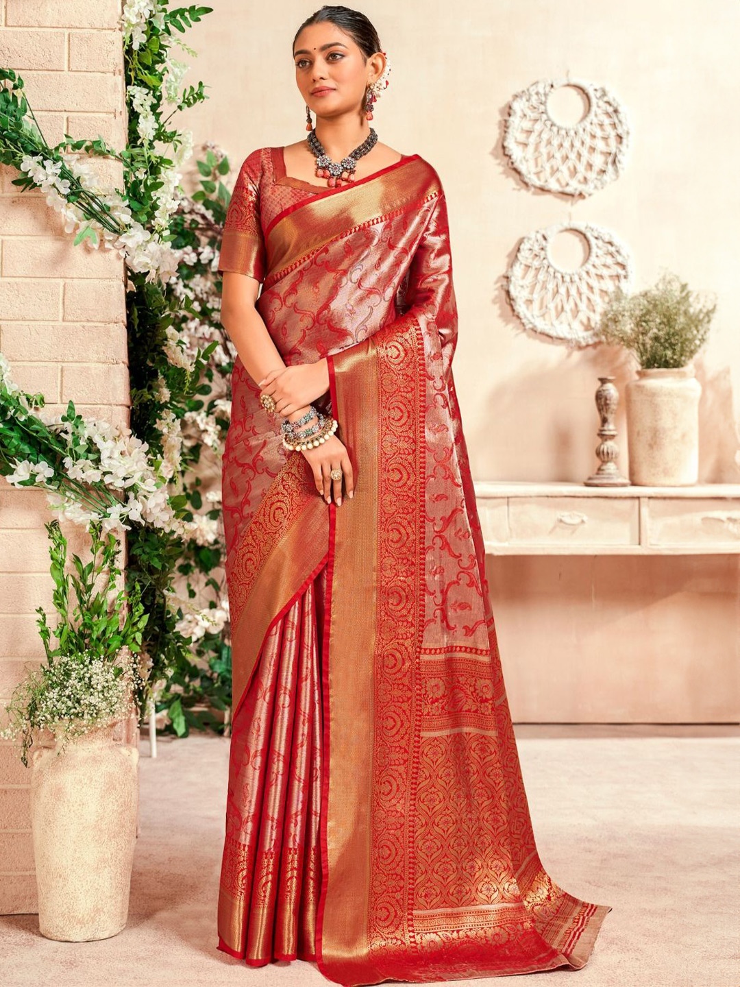 

DEVATITHI Woven Design Zari Pure Silk Dharmavaram Saree, Red
