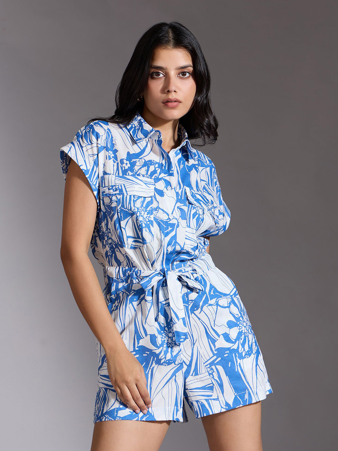 

20Dresses Women Printed Shirt Collar Jumpsuit, Blue