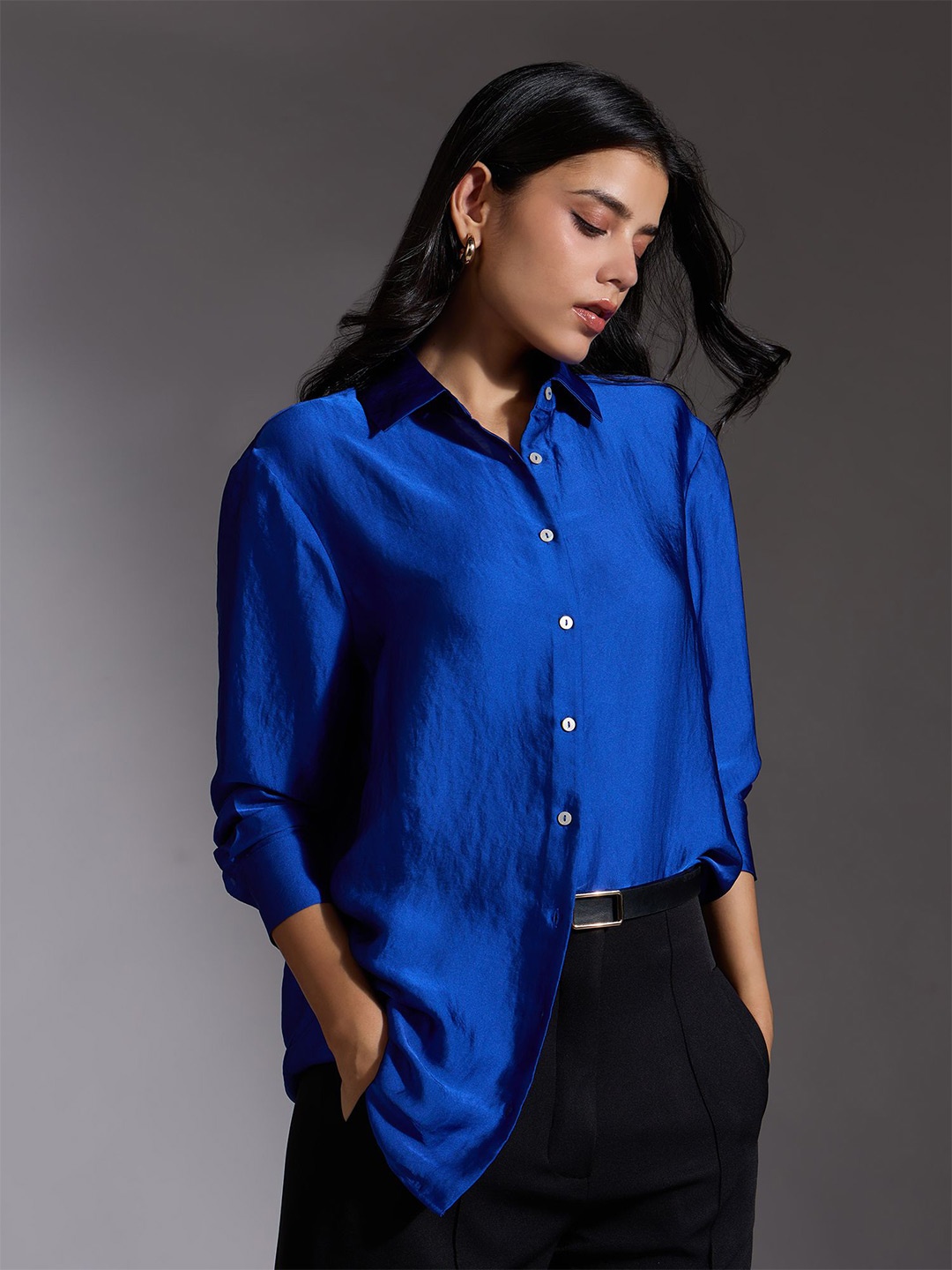 

20Dresses Women Spread Collar Solid Oversized Casual Shirt, Blue