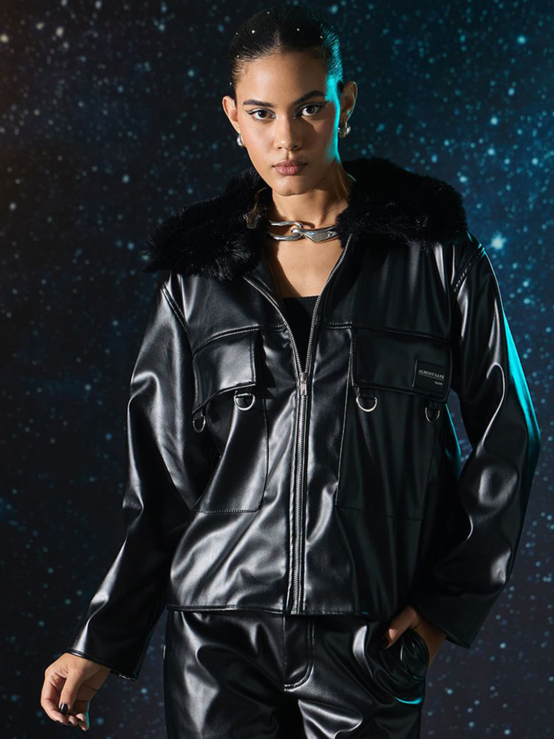 

ALMOST SANE Unisex Spread Collar Solid Casual Leather Jacket, Black