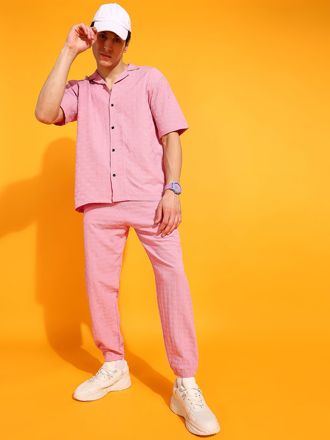 

INDICLUB Shirt Collar Self Design Shirt With Trousers, Pink