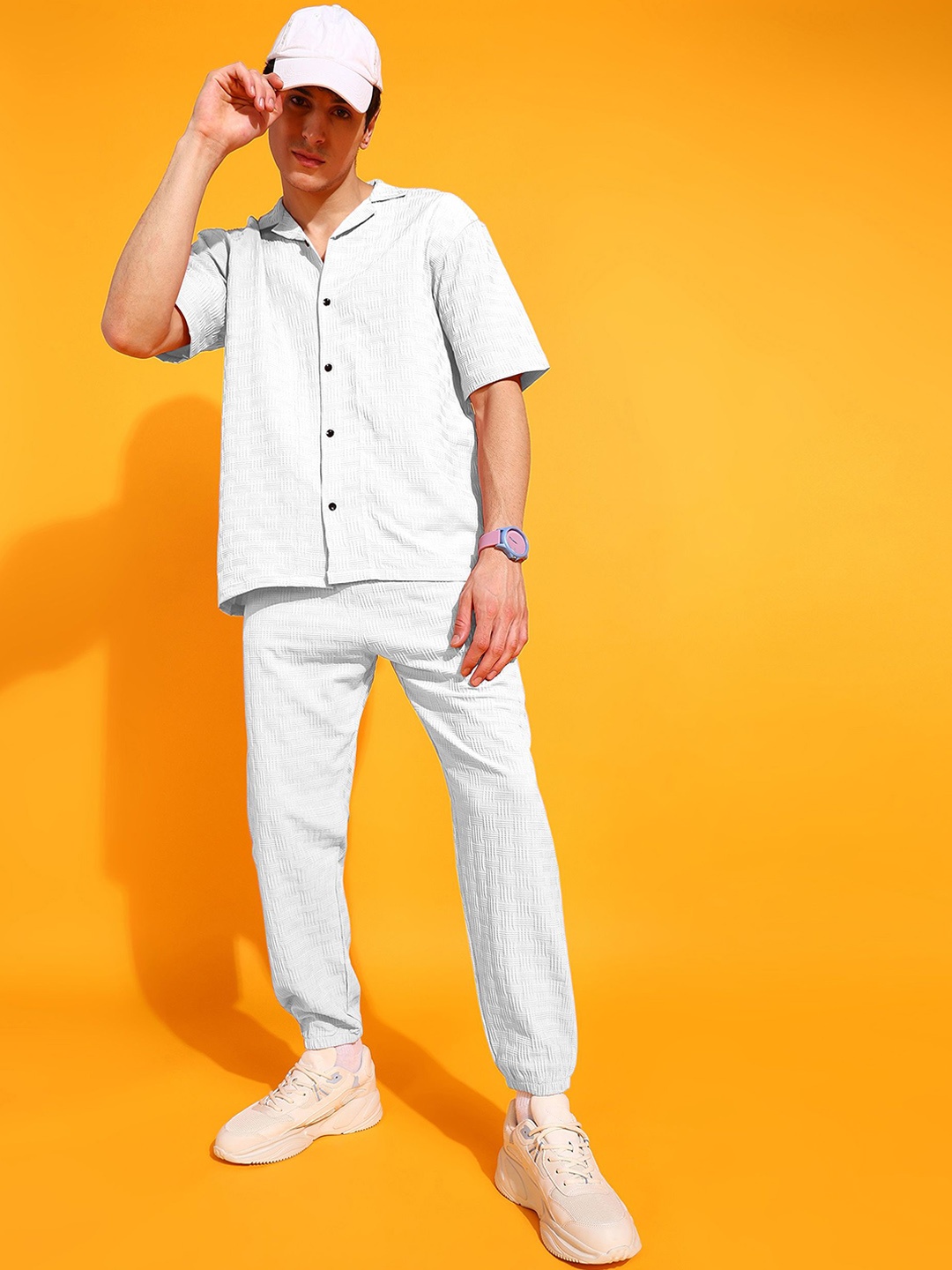 

INDICLUB Self Design Shirt Collar Shirt With Trousers, White