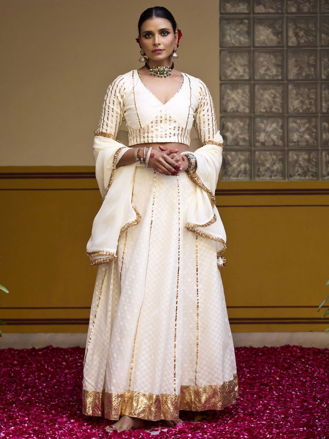 

BAARO MASI Woven Design V-Neck Gotta Patti Ready To Wear Lehenga Choli With Dupatta, White