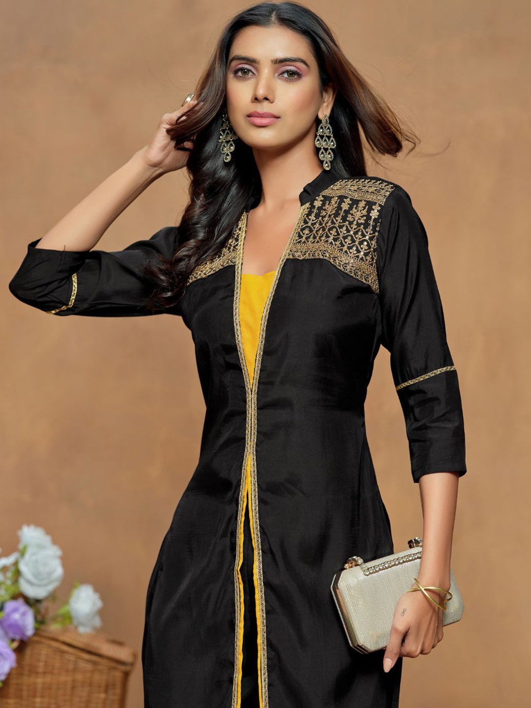 

Sangria Black Floral Embroidered Sequinned Straight Kurta With Trousers