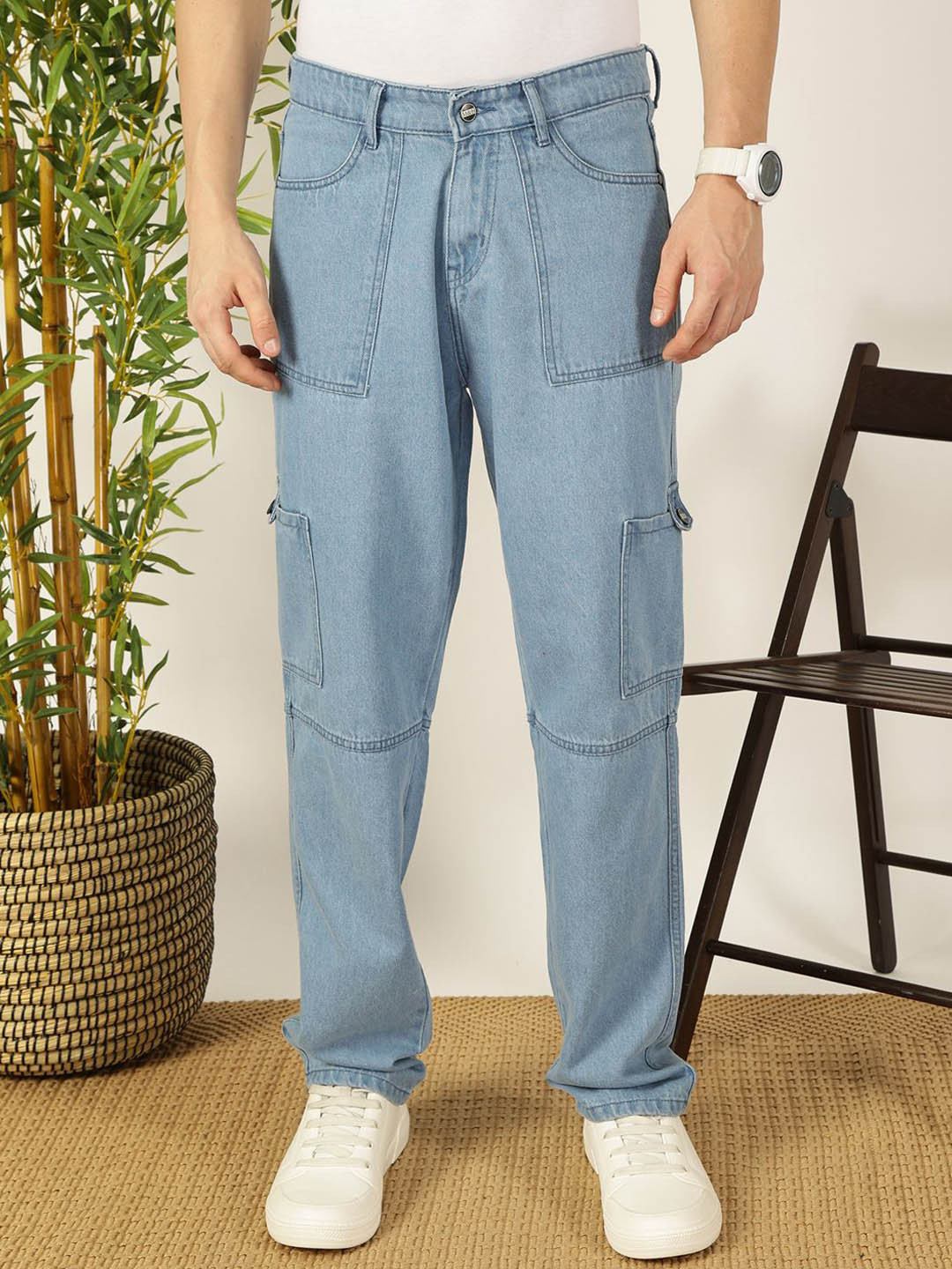 

Mast & Harbour Men Smart Relaxed Fit Cargo Style Cotton Jeans, Blue
