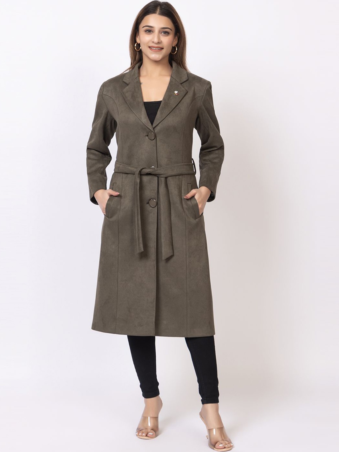 

TWENTY ME Women Notched Lapel Single-Breasted Overcoat, Green