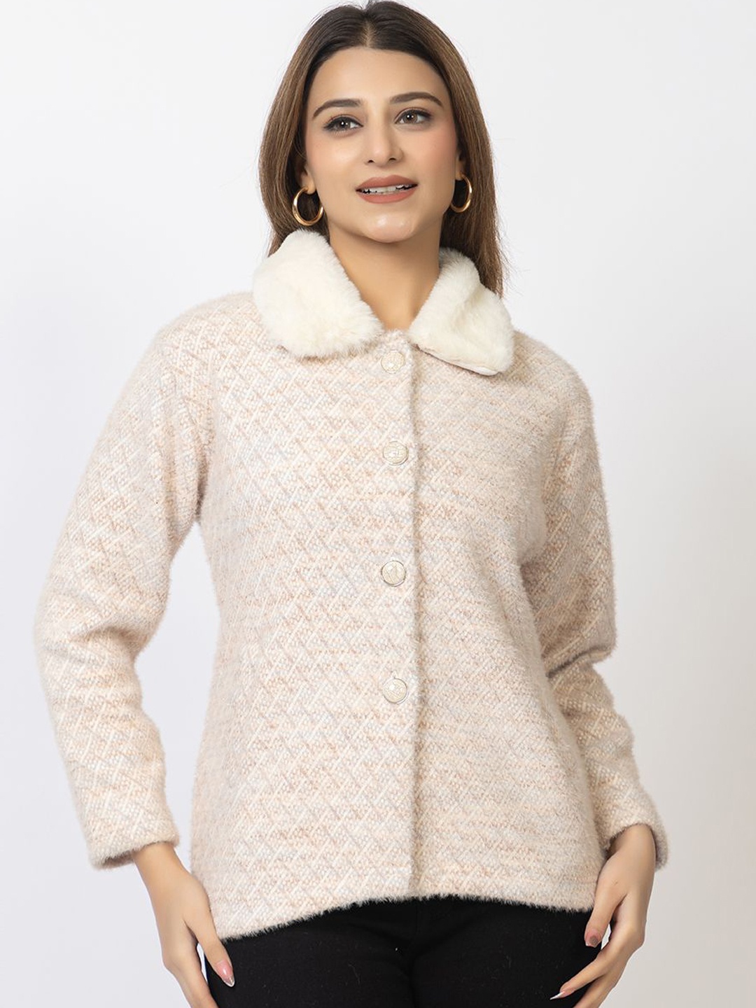 

TWENTY ME Women Fur Shirt Collar Woollen Cardigan, Off white