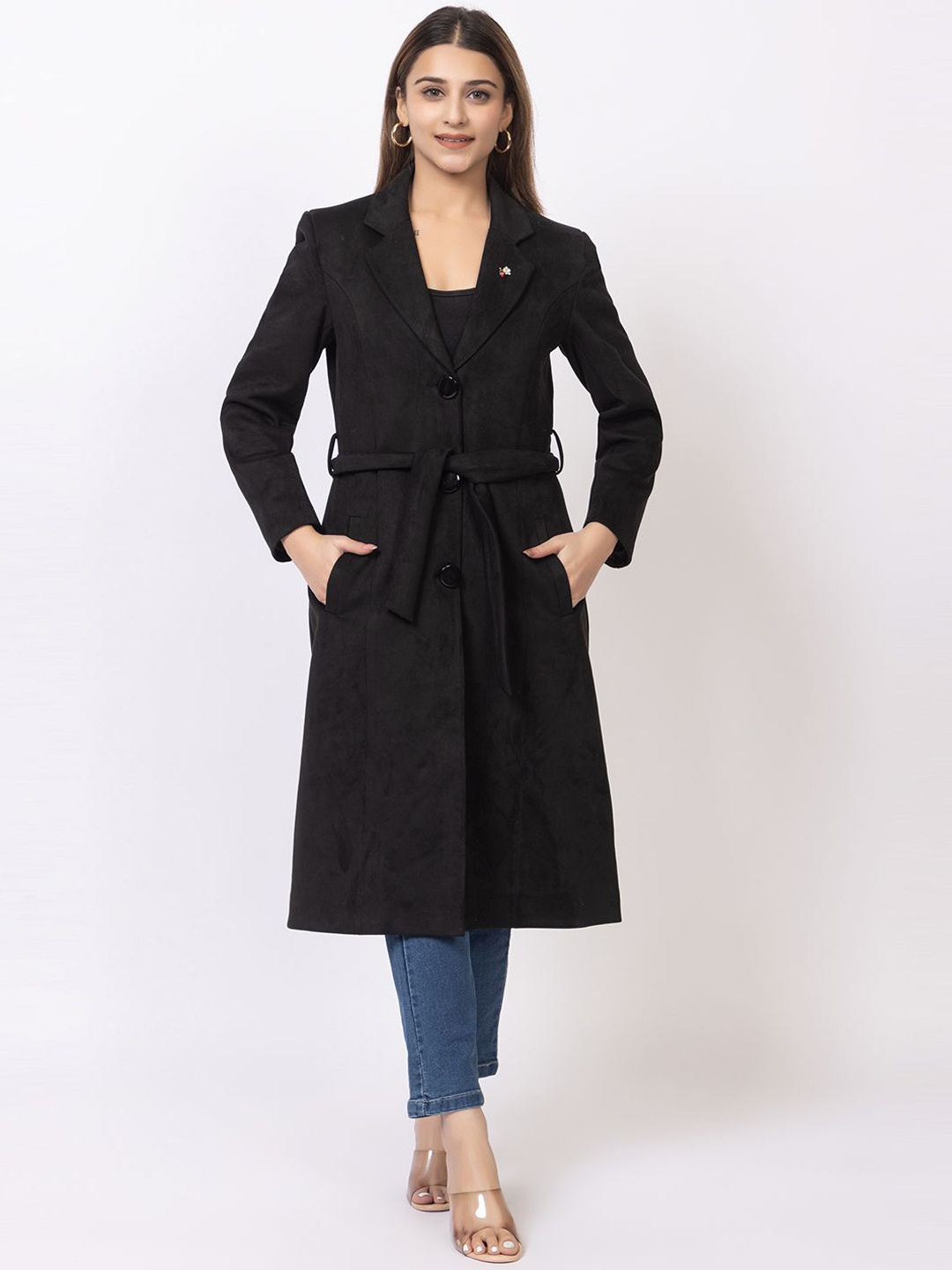 

TWENTY ME Women Notched Lapel Single-Breasted Overcoat, Black