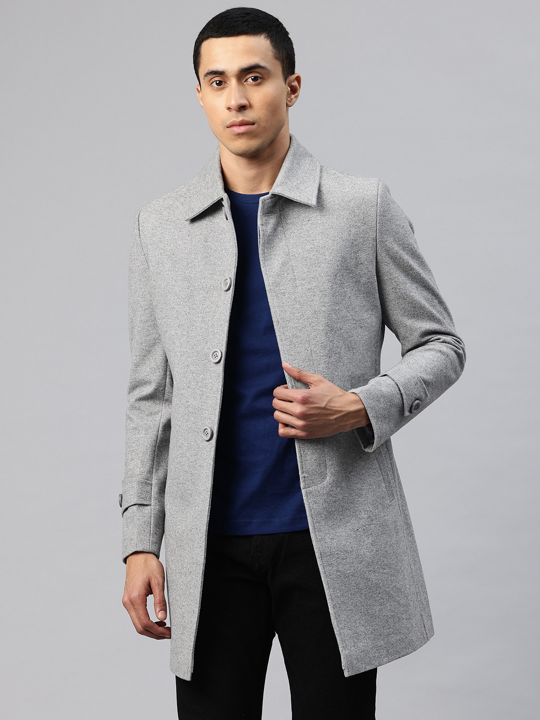 

Pierre Carlo Men Self Design Tweed Trench Coat, Grey