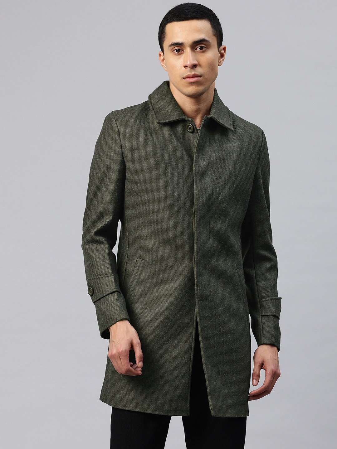 

Pierre Carlo Men Self Design Tweed Trench Coat, Olive