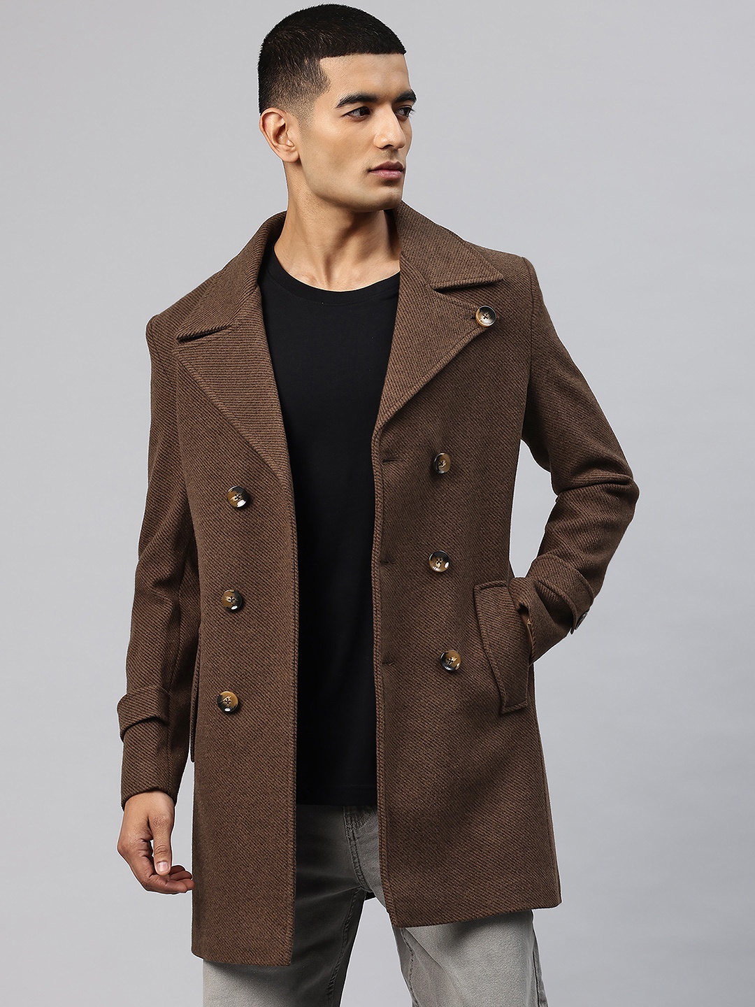 

Pierre Carlo Men Double Breasted Tweed Trench Coat, Coffee brown