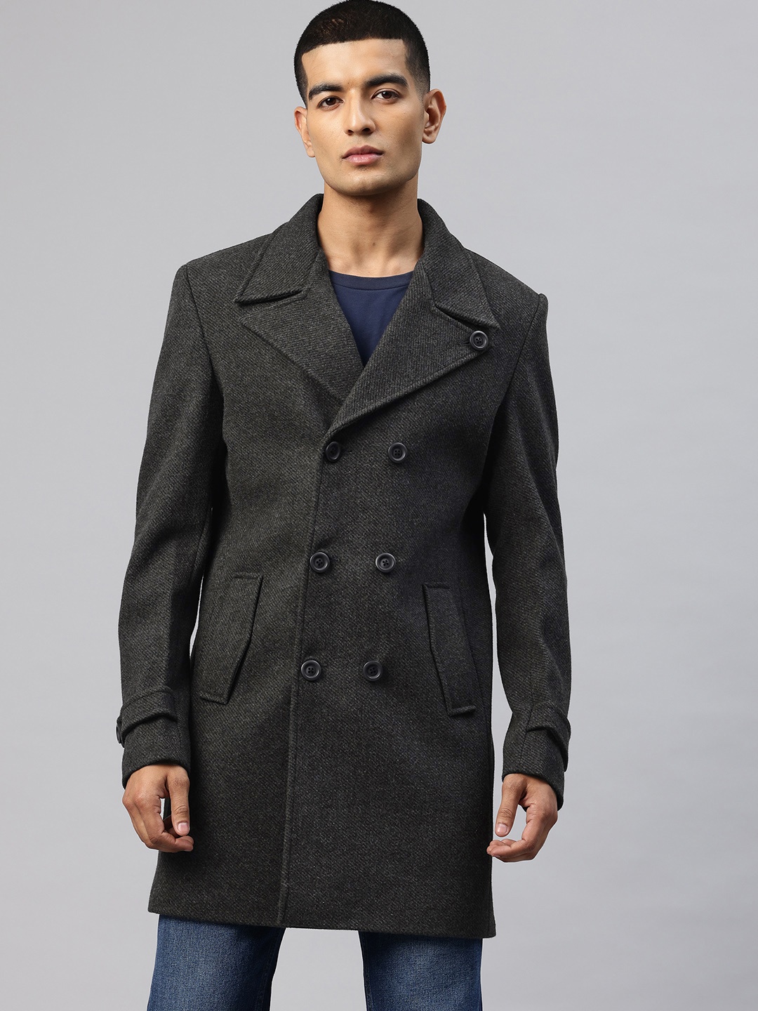 

Pierre Carlo Men Double Breasted Tweed Trench Coat, Grey