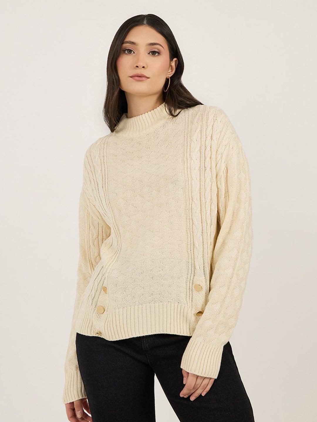 

Styli Women Short Length Sweater With Front Buttons, Off white