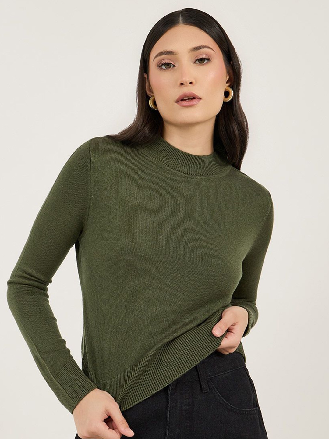 

Styli Women High Neck Fitted Sweater, Olive