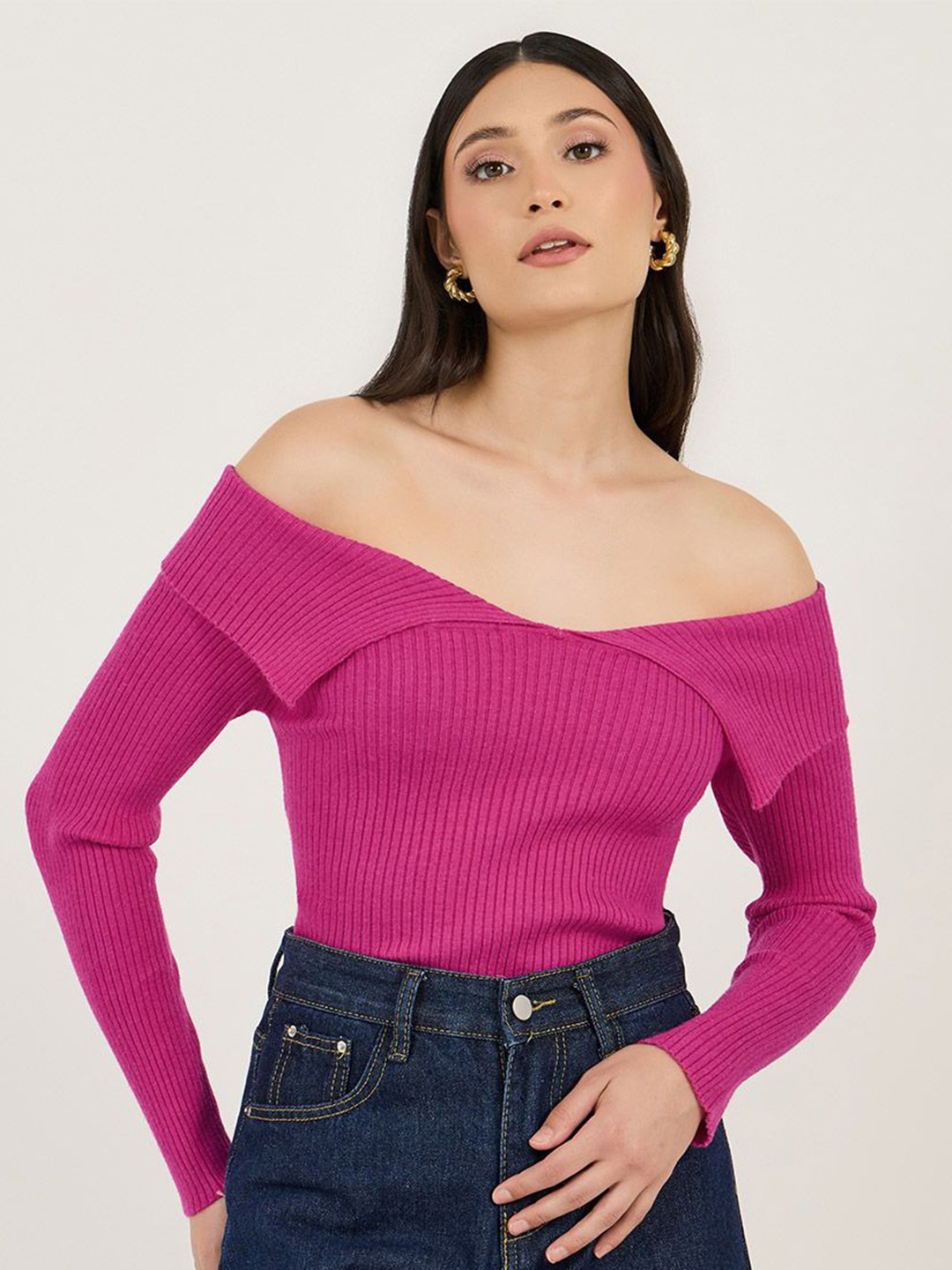 

Styli Women Off Shoulder Fitted Sweater, Pink
