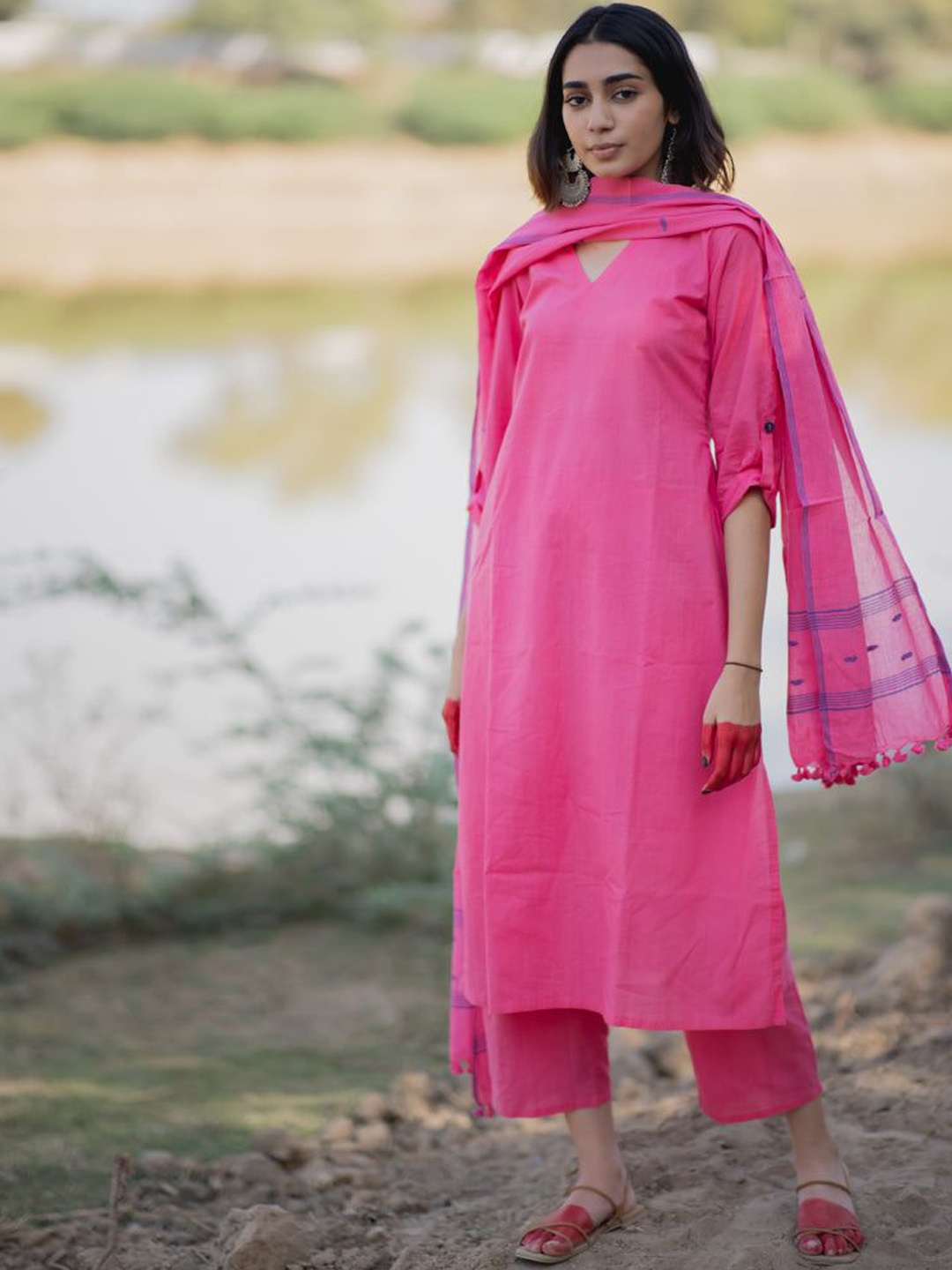 

Anni Designer V-Neck Straight Kurta With Trousers & Dupatta, Pink