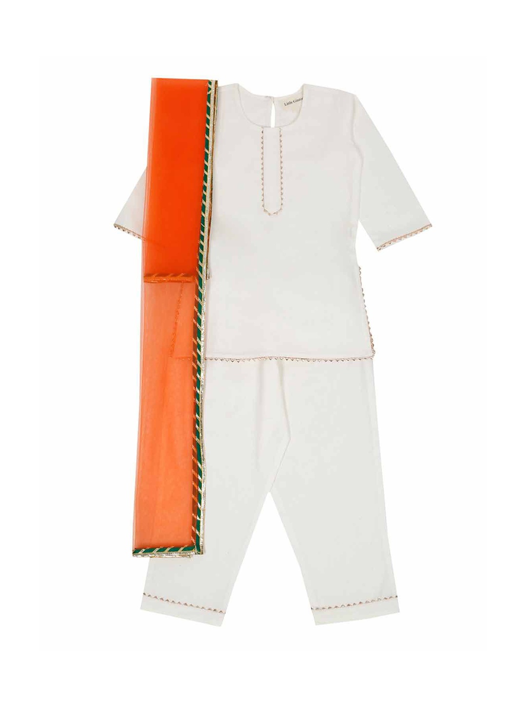 

LITTLE GINNIE Girls Round Neck Gotta Patti Pure Cotton Kurta with Trouser & Dupatta, White