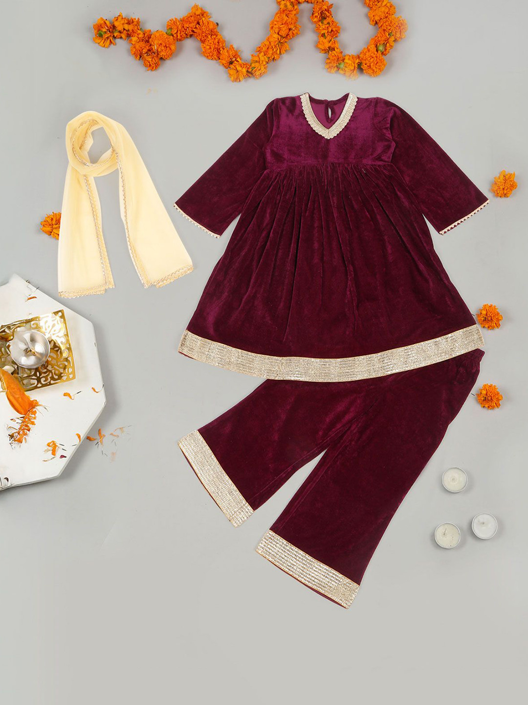 

LITTLE GINNIE Girls Gotta Patti Pleated Velvet Anarkali Kurta with Palazzo & Dupatta, Maroon