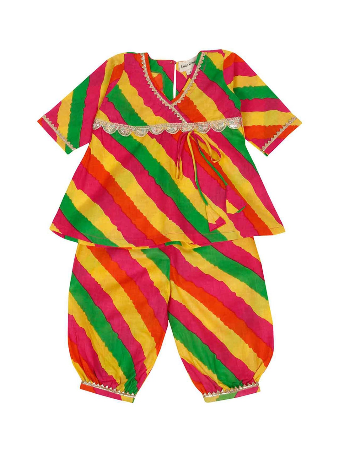 

LITTLE GINNIE Girls Leheriya Printed Gotta Patti Pure Cotton A-Line Kurti With Trouser, Red