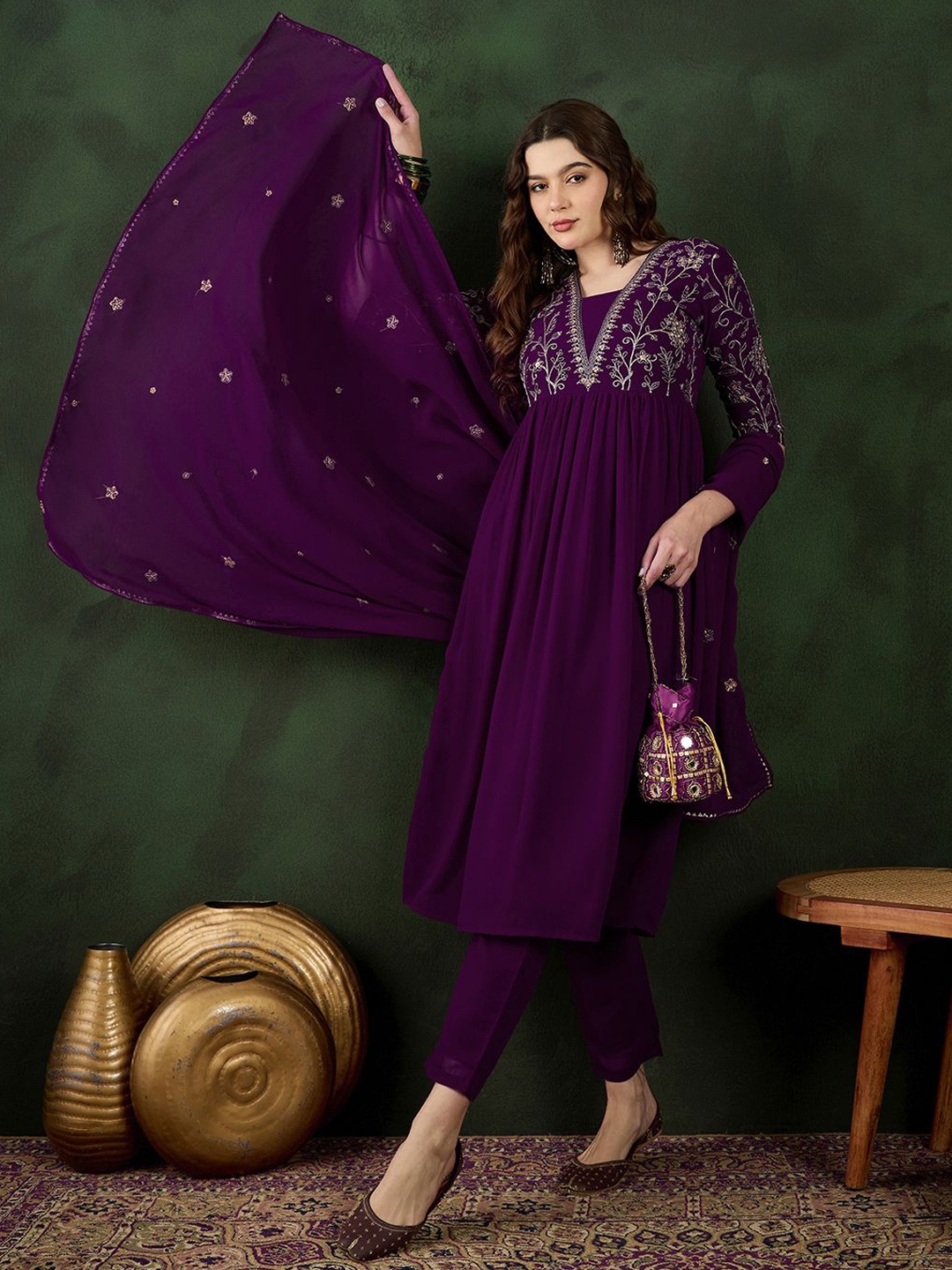 

Sangria Orange Floral Embroidered Regular Sequinned Georgette Kurta & Trouser With Dupatta, Purple