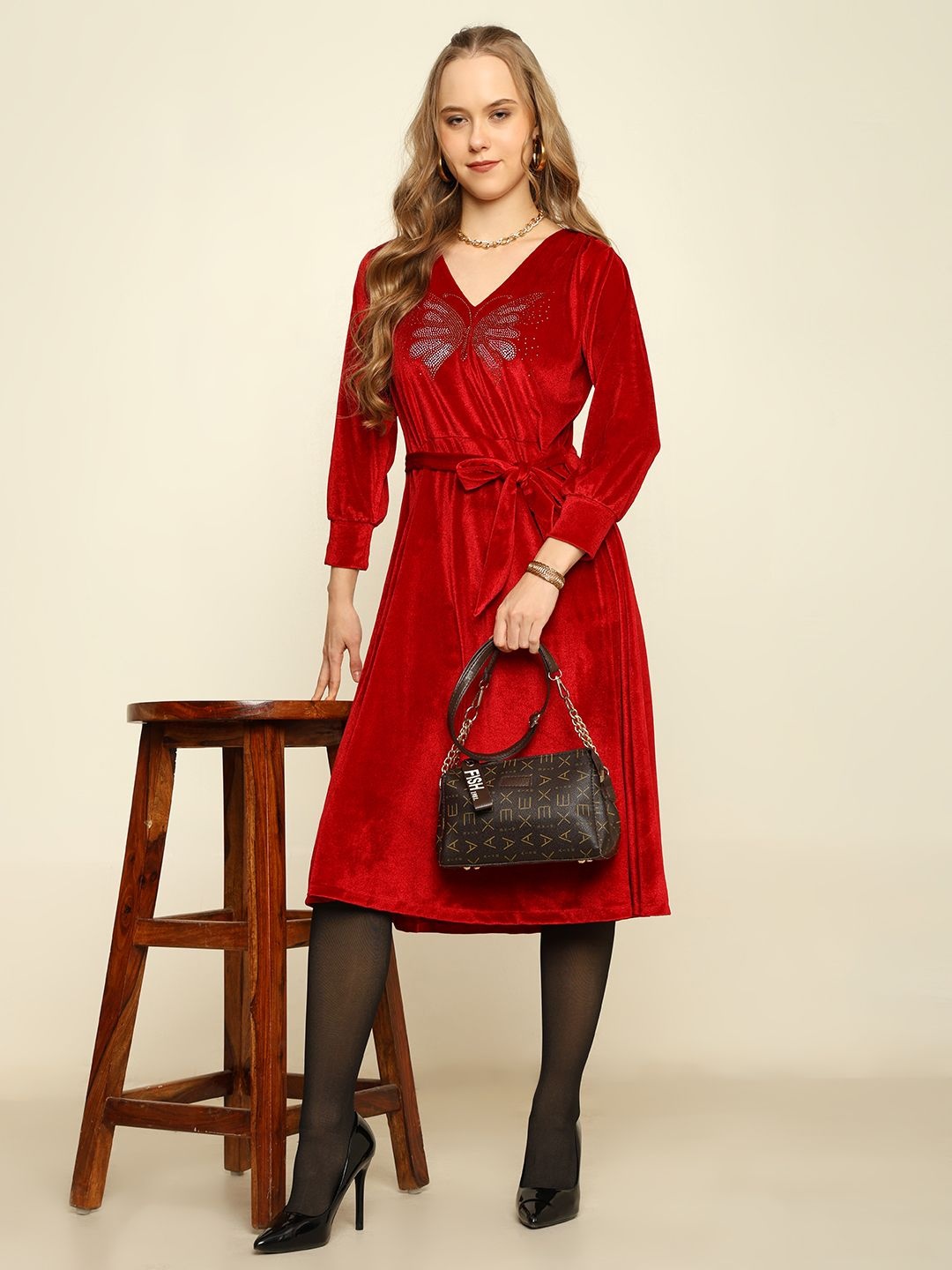 

CRAFTBAZAR Women Embellished Wrap Midi Dress, Red
