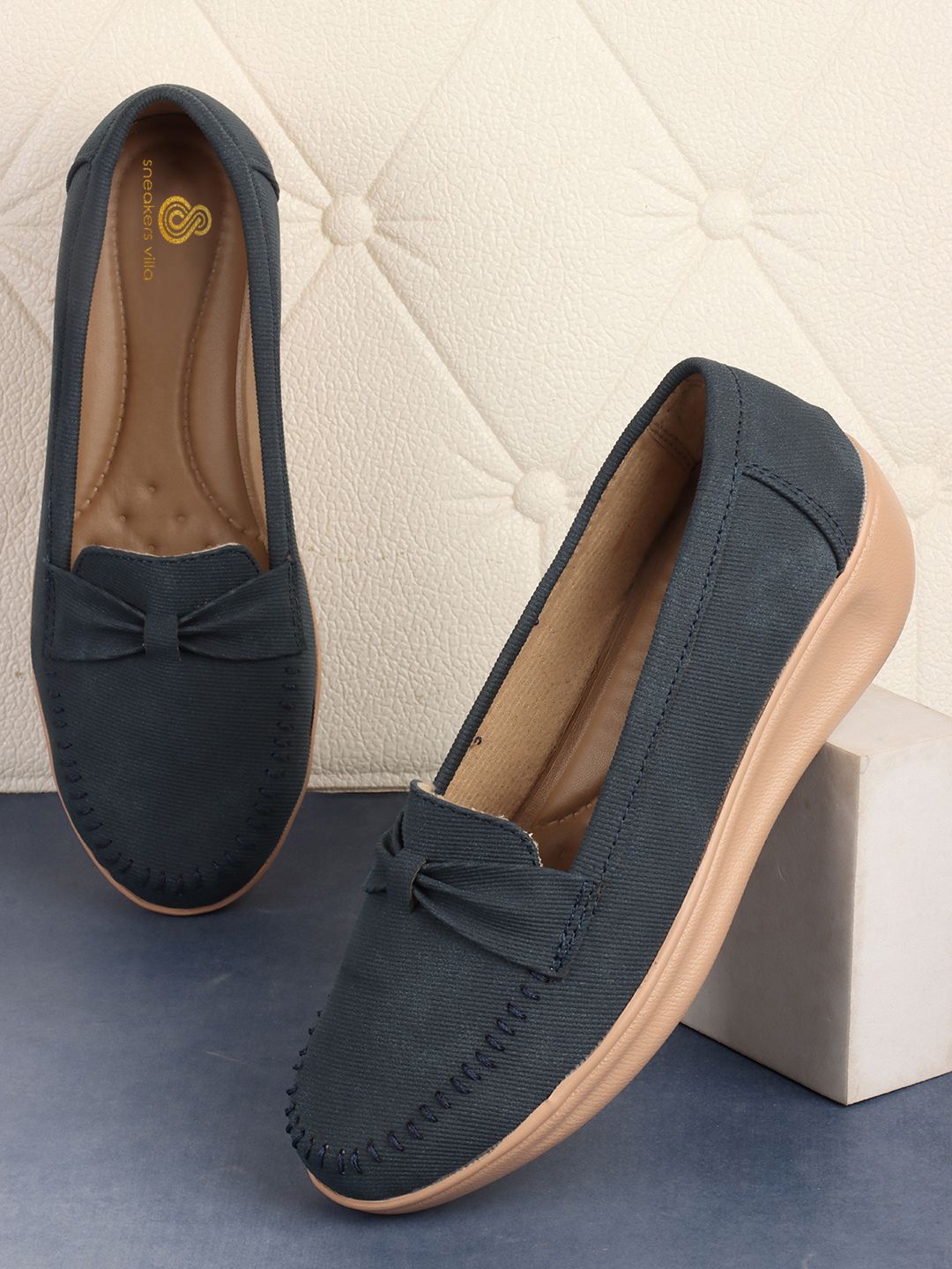 

sneakers villa Women Woven Design Loafers With Bow Details, Blue