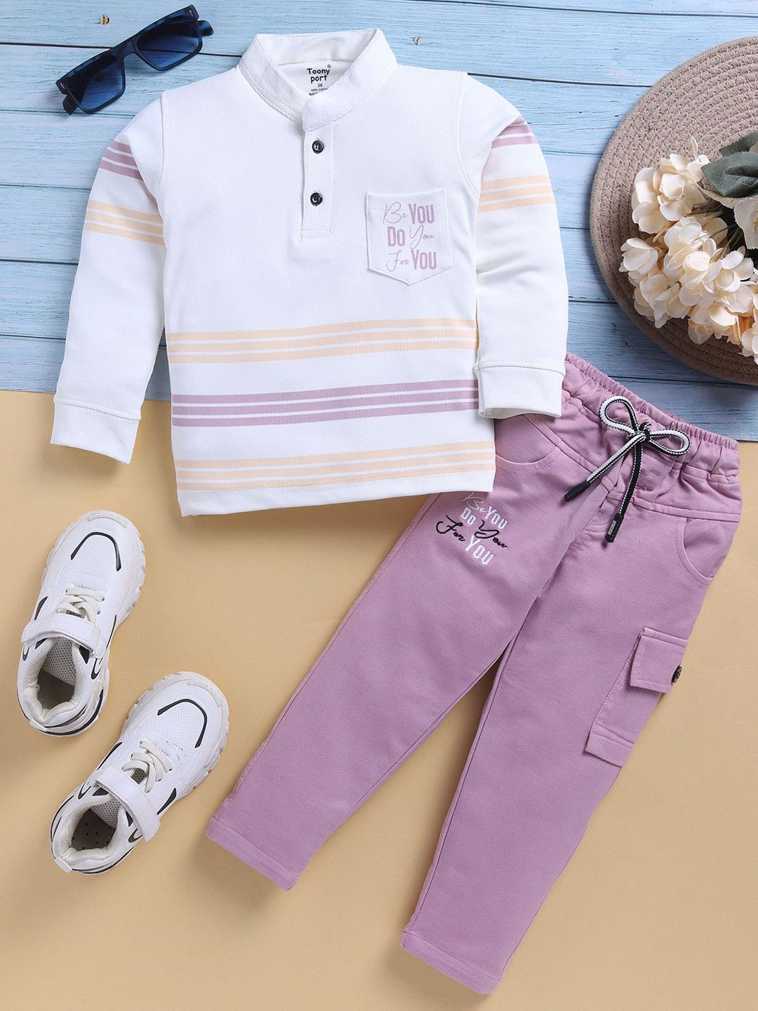 

Toonyport Unisex Kids Striped Mandarin Collar Sweatshirt With Trouser, Pink
