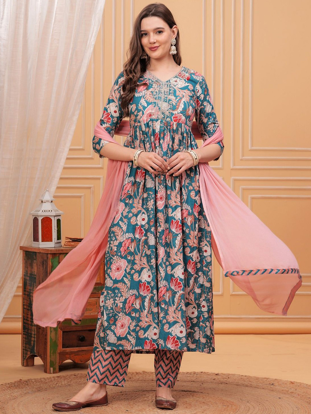 

NEW4U Floral Printed Thread Work Pleated Pure Cotton Anarkali Kurta with Trouser & Dupatta, Teal