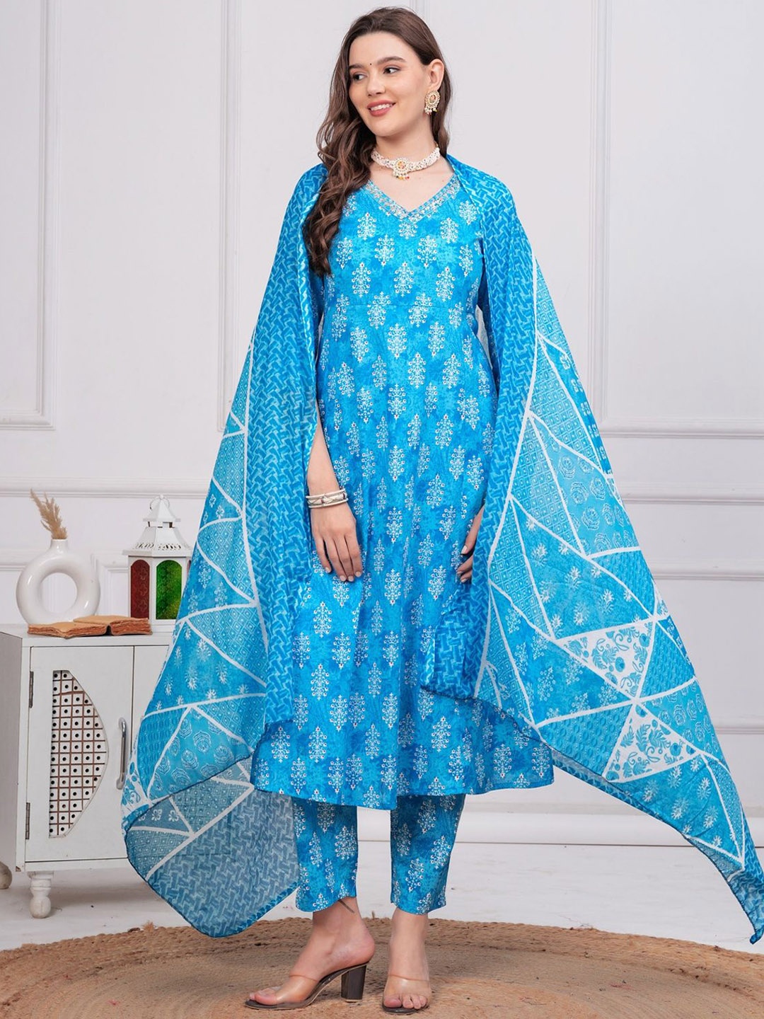 

NEW4U V-Neck Floral Printed Sequinned Pure Cotton Anarkali Kurta with Trouser & Dupatta, Turquoise blue