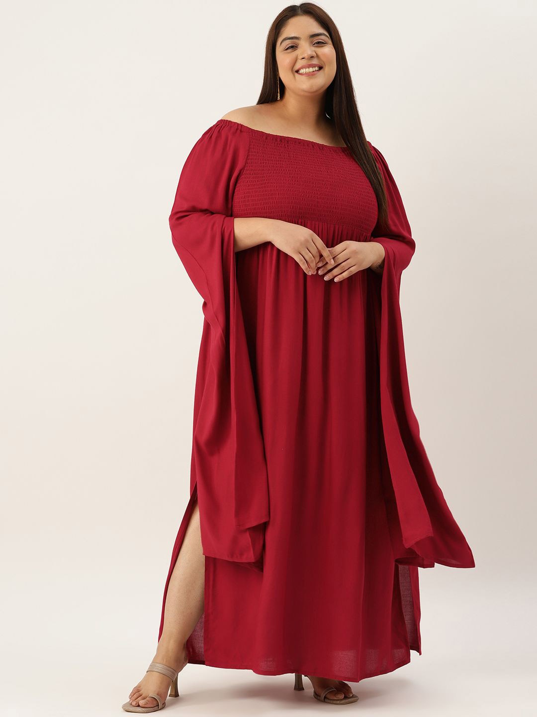 

theRebelinme Women Plus Size Off-Shoulder A-Line Maxi Dress, Maroon