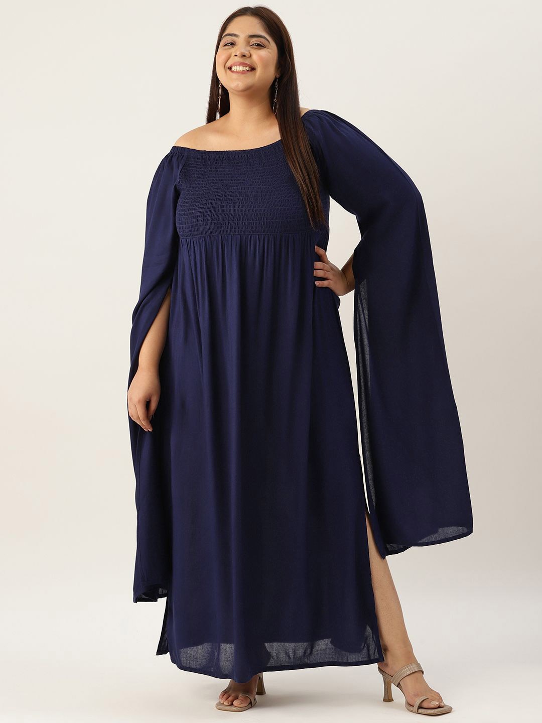 

theRebelinme Women Plus Size Off-Shoulder Smocked Maxi Dress, Navy blue