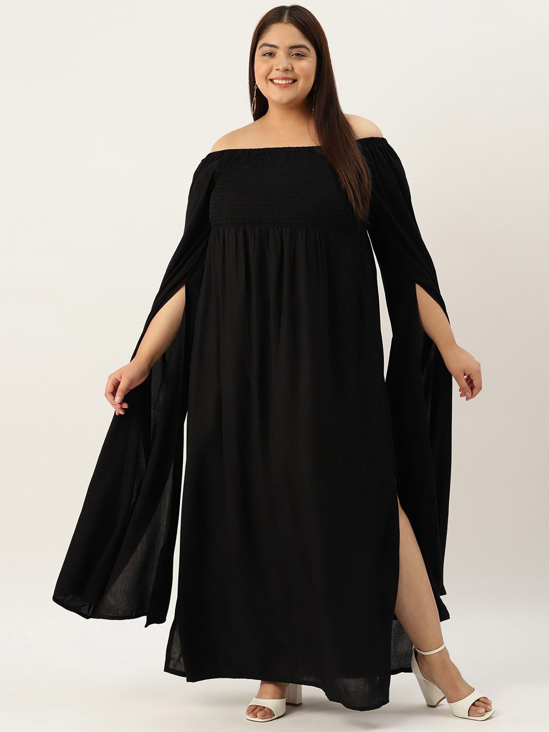 

theRebelinme Women Plus Size Off-Shoulder A-Line Maxi Dress, Black