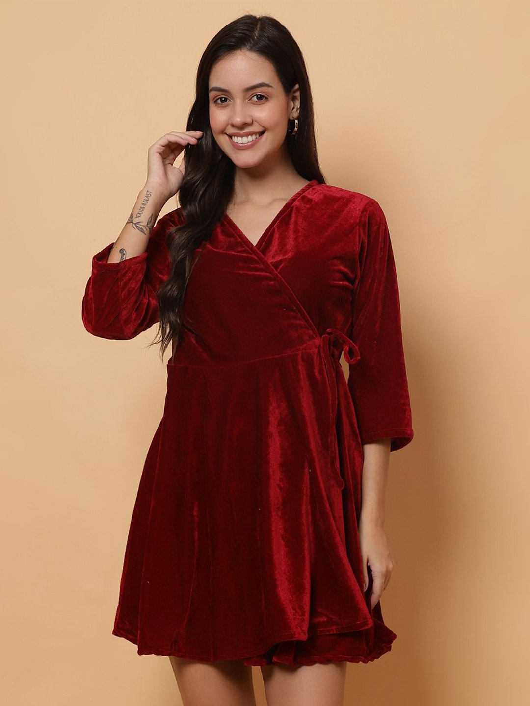 

ROSEMELON Women Velvet Fit & Flare Mini Dress, Maroon