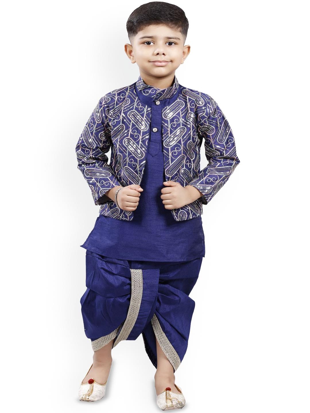 

BAESD Boys Mandarin Collar Sequinned Kurta with Dhoti Pants & Nehru Jacket, Navy blue