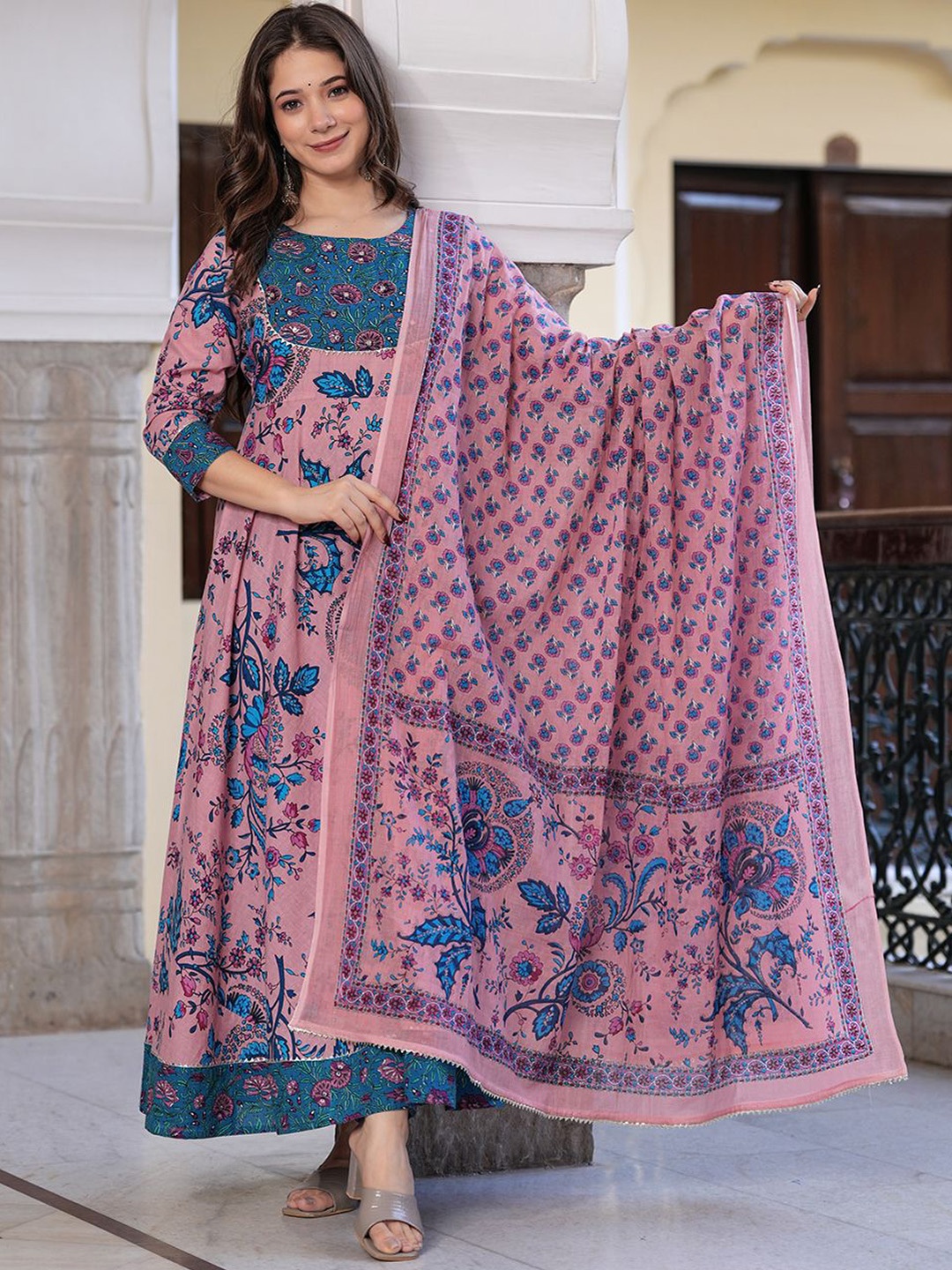 

KALINI Floral Printed Pleated Pure Cotton Anarkali Kurta with Trousers & Dupatta, Pink