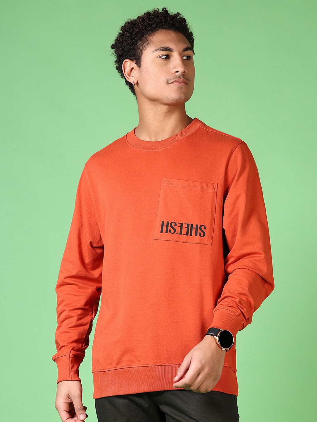 

V-Mart Men Printed Round Neck Cotton Sweatshirt, Rust