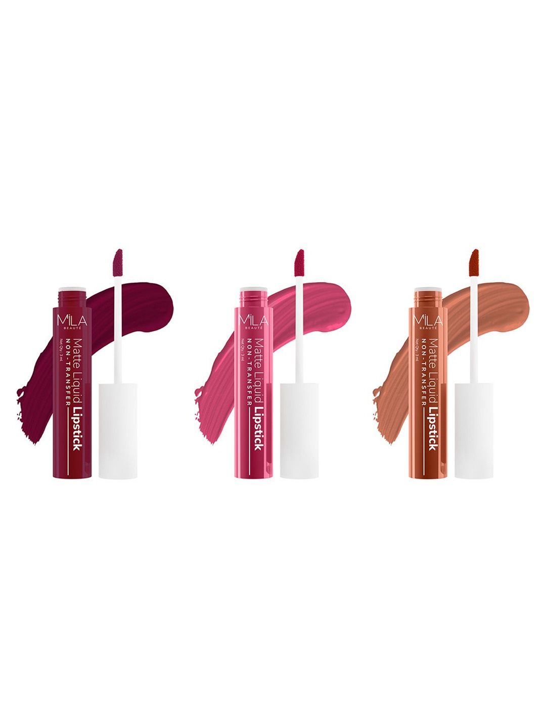 

MILA BEAUTE Set Of 3 Matte Liquid Lipstick - 3 ml Each-Devotion-Candy Love-Caramel Nude, Maroon
