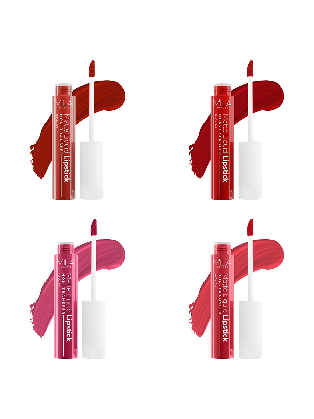 

MILA BEAUTE Set Of 4 Non Transfer Liquid Lipstick - 3 ml Each - 603 - 601- 616 - 609, Red