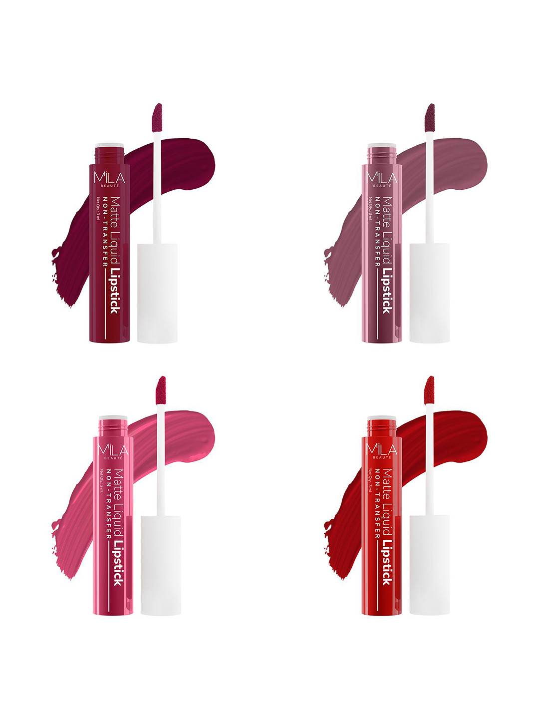

MILA BEAUTE Set Of 4 Matte Liquid Lipsticks - 3 ml Each - Shade 607 - 613 - 616 - 601, Maroon
